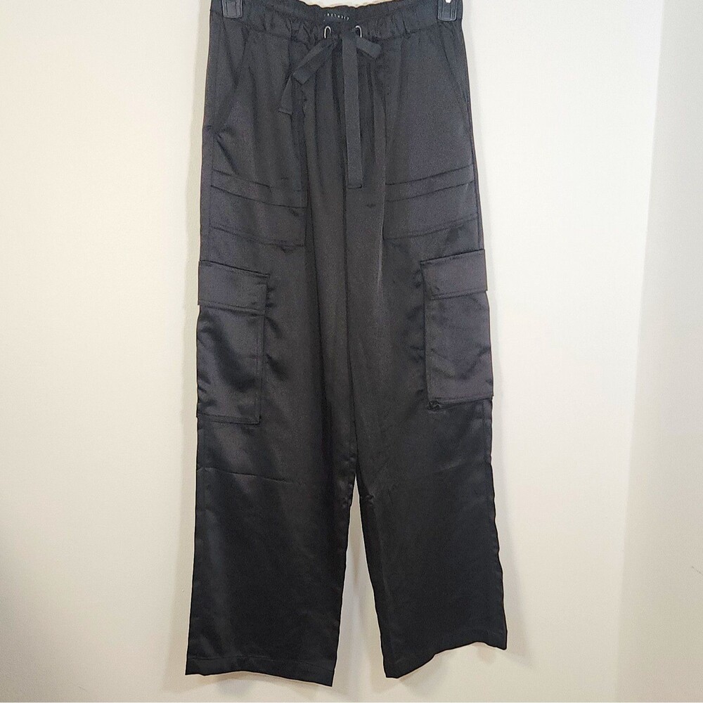 Sanctuary Women's Black Satin Cargo Pants Relaxed Wide Leg Pockets Size S